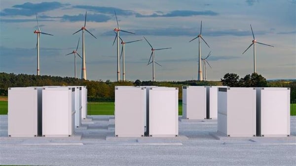 battery farm with wind turbines